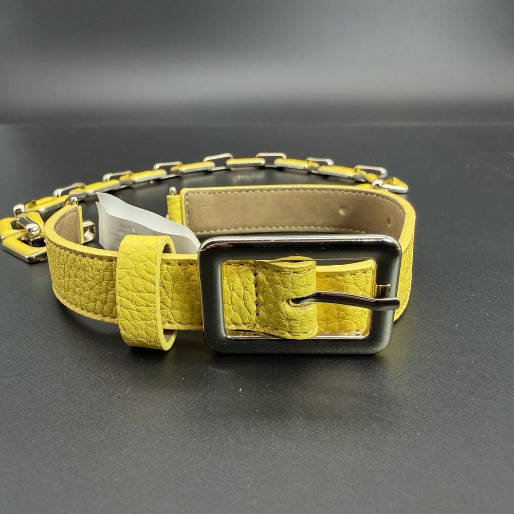 TALBOTS Women’s Yellow Leather Belt Enamel Silver Chain Links Retro Style Small‎